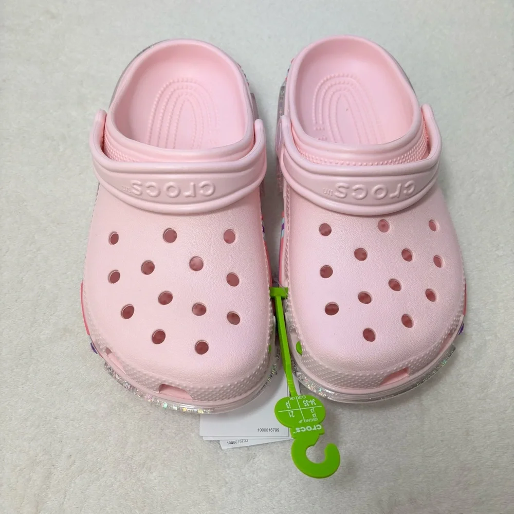 Crocs Kids' Pink Classic‎ Star Sparkle Shaker Clog Size J 2